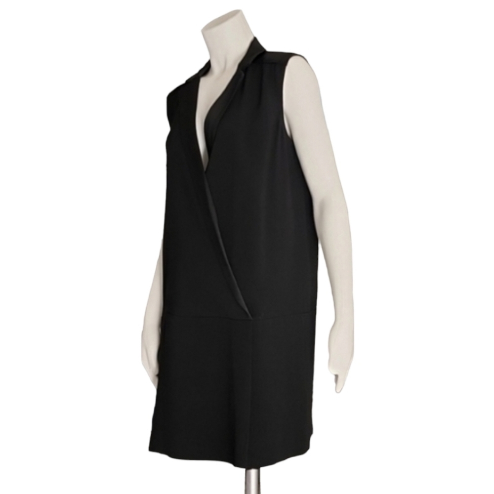 RACHEL ZOE Tuxedo Faux Wrap Shift Dress 8 M Satin Lapel Minimalist Black LBD - Picture 5 of 14